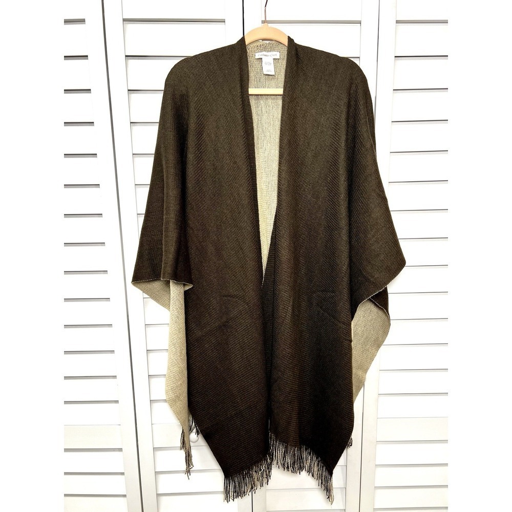 Coldwater Creek Reversible Fringe Shawl Poncho Cape Sweater One Size Brown